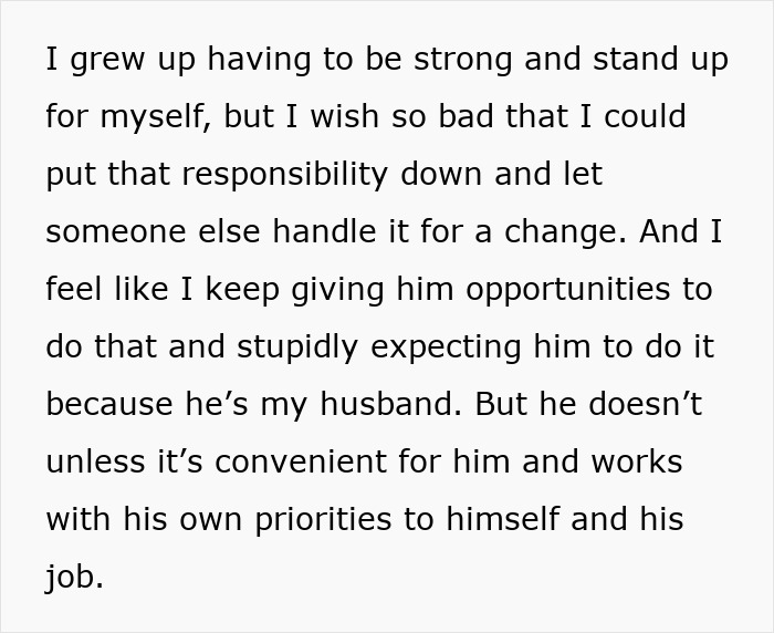 Text excerpt showing a woman describing how her husband prioritizes work over family and is self-focused. Text excerpt showing a woman describing how her husband prioritizes work over family and is self-focused.
