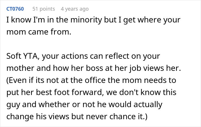 Comment discussing how a man’s behavior at dinner can affect his mother’s reputation with her boss. Comment discussing how a man’s behavior at dinner can affect his mother’s reputation with her boss.