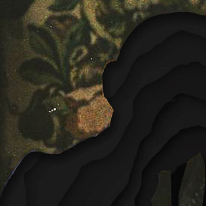 Woman sitting on floral armchair with an intricate collage cutout blending shadows and layers in a surreal artistic style.