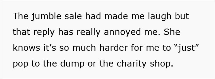 Text from a message discussing annoyance about receiving broken gifts, with mention of charity shops and dumping.