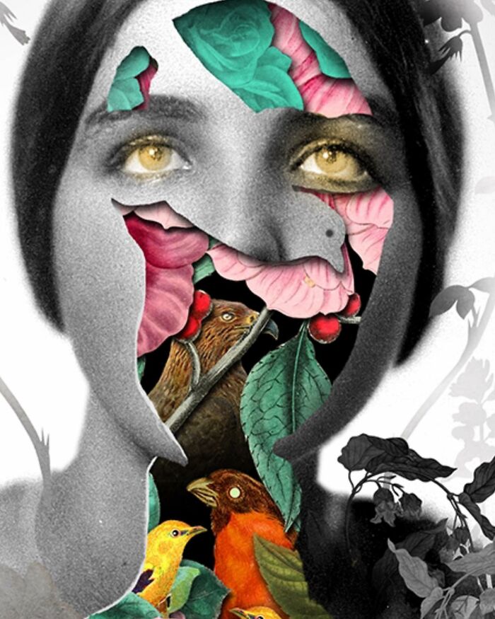 Black and white portrait with intricate collages of colorful birds, flowers, and leaves layered within the face and neck areas.