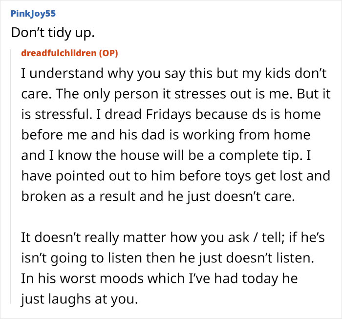 Screenshot of an online post where a mom describes stress and challenges with how her kids act and behave at home.