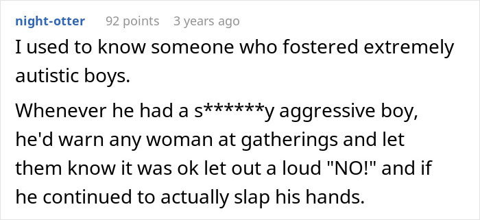 Comment discussing experiences with extremely autistic boys and warnings about aggressive behavior to others at gatherings.