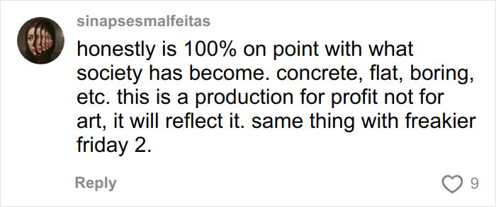 Comment discussing how modern movies look ugly, with a focus on millennial gray aesthetics and profit-driven production.
