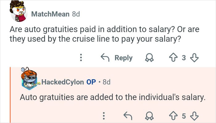 Cruise ship employees discuss how auto gratuities affect their overall salary and workplace earnings.