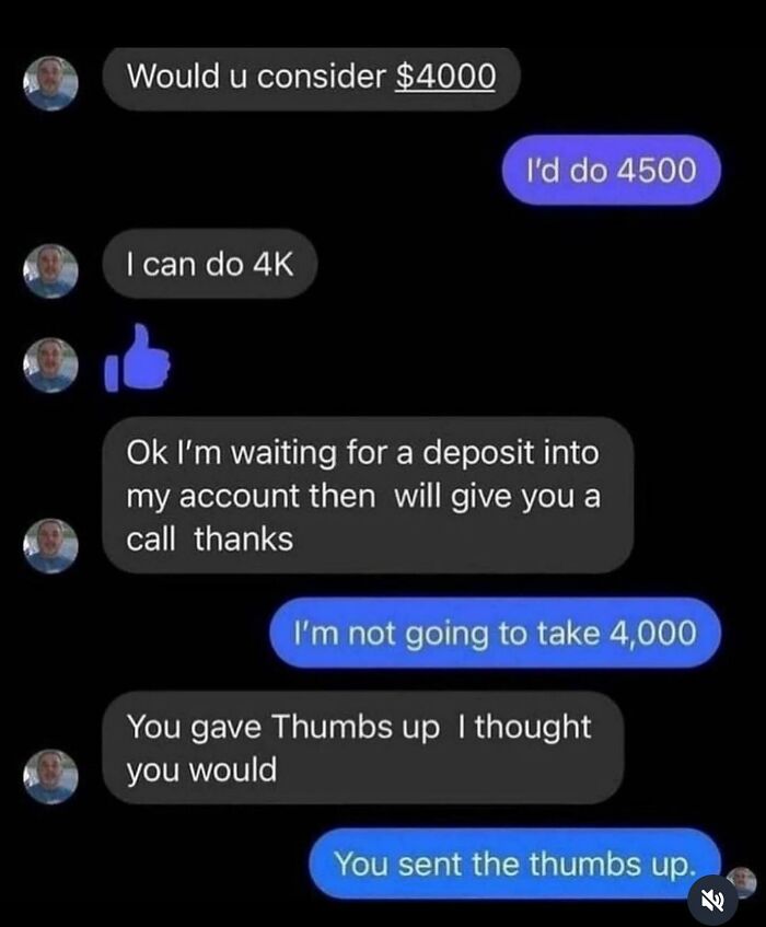 Funny text message meme showing a confusing negotiation with thumbs up in a randomly funny memes collection.