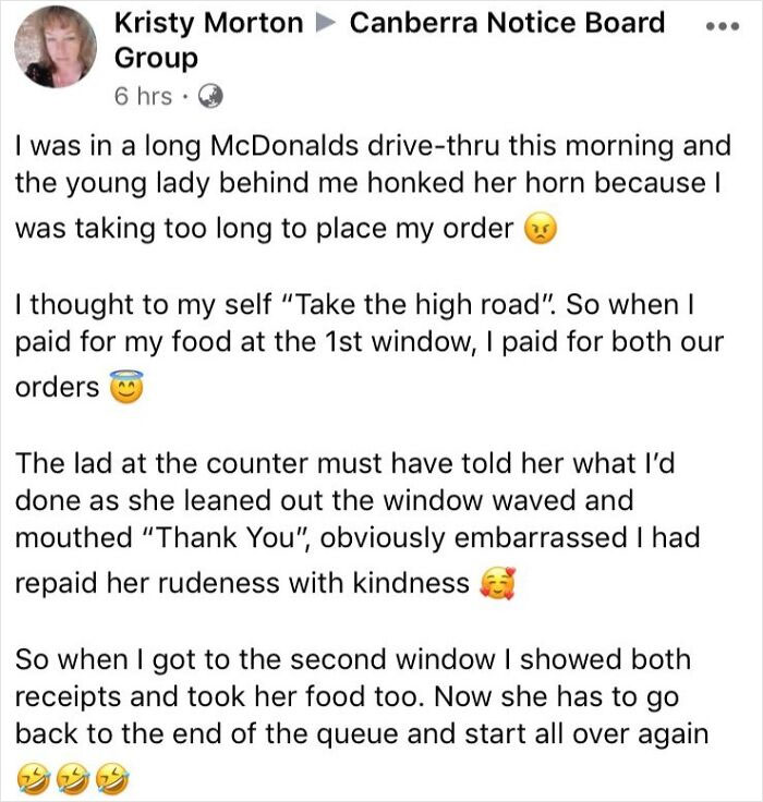 Social media post sharing an example of petty revenge at a McDonalds drive-thru involving paying for someone else's order.