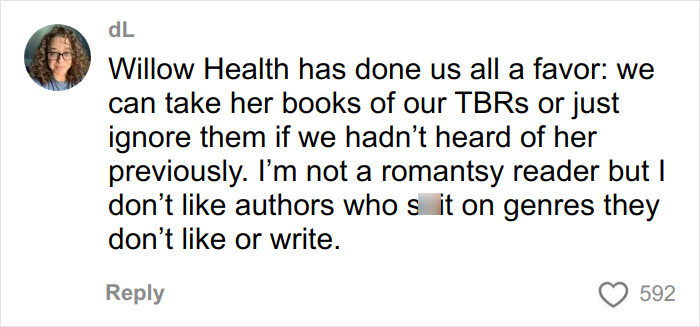 Social media comment discussing romantasy books and criticism of authors judging genres they don&rsquo;t write.