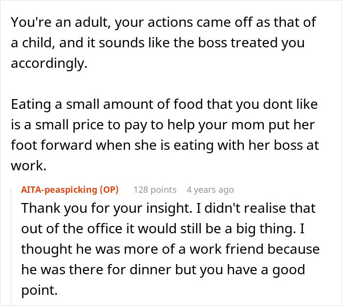 Text conversation discussing a man picking at his food during dinner with his mom's boss and asking if he ruined everything. Text conversation discussing a man picking at his food during dinner with his mom's boss and asking if he ruined everything.