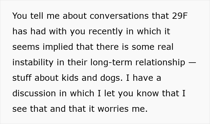 Text discussing instability in a long-term relationship involving conversations about kids and dogs, showing emotional concern. Text discussing instability in a long-term relationship involving conversations about kids and dogs, showing emotional concern.