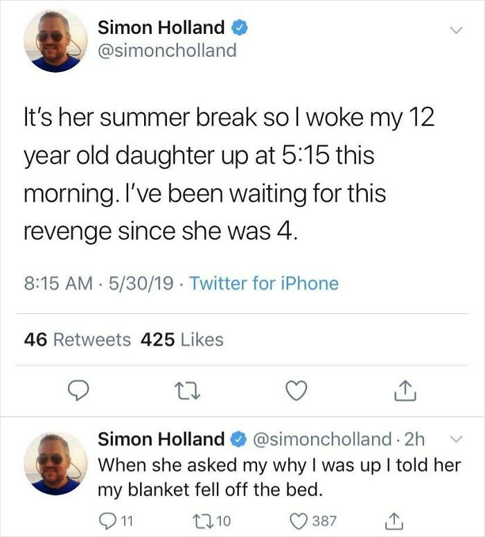 Tweet showing an example of petty revenge where a father wakes his daughter early during summer break.