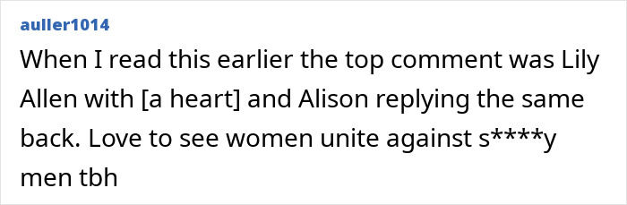 Comment mentioning Alison Sudol and women uniting against toxic men in an online discussion thread.