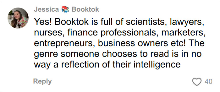 Comment defending romantasy readers against claims they are not intelligent, posted on Booktok platform.