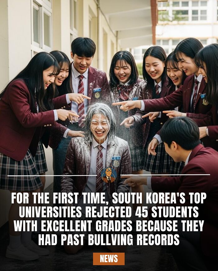 Group of South Korean students in uniforms playfully throwing powder on one student, illustrating daily facts and interesting stories.
