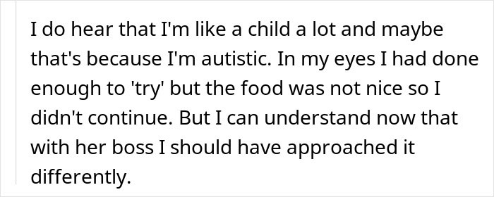 Person reflecting on picking at food during dinner with mom’s boss, expressing concern about ruining the situation. Person reflecting on picking at food during dinner with mom’s boss, expressing concern about ruining the situation.