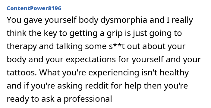 Man&rsquo;s emotional post expressing tattoo regret and depression, highlighting the impact on mental health and body image.