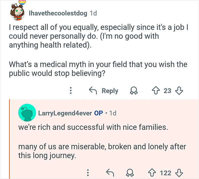 Reddit conversation where doctors address medical myths and the reality of their personal lives during an AMA session.