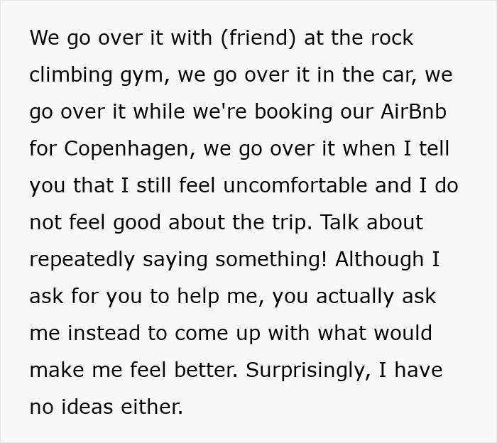 Man struggles with emotions after booking a romantic trip with a female friend despite break-up refusal. Man struggles with emotions after booking a romantic trip with a female friend despite break-up refusal.