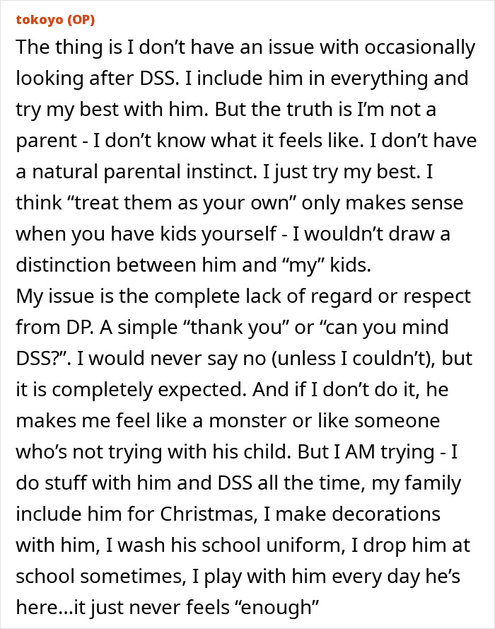 Text post discussing the challenge of supporting an ungrateful husband in co-parenting and lack of respect from a stepchild.