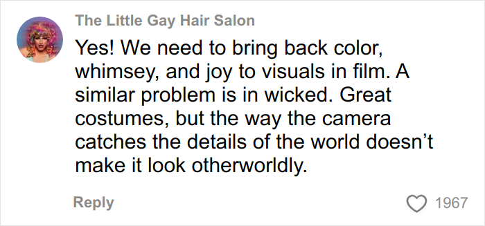 Comment discussing the need to bring back color and joy to visuals as modern movies are millennial gray and look dull.