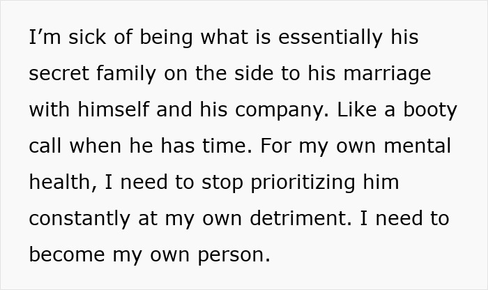 Text expressing frustration about a man prioritizing work over family, affecting mental health and relationships. Text expressing frustration about a man prioritizing work over family, affecting mental health and relationships.