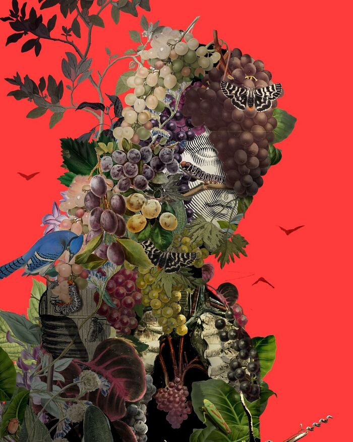 Intricate collage of plants, grapes, butterflies, and a mechanical arm against a bright red background.