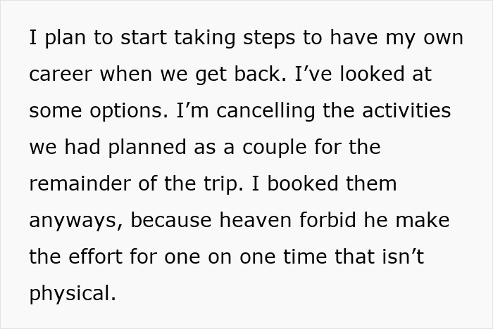 Text showing a wife canceling planned couple activities as her man prioritizes work and pretends not to have a family. Text showing a wife canceling planned couple activities as her man prioritizes work and pretends not to have a family.