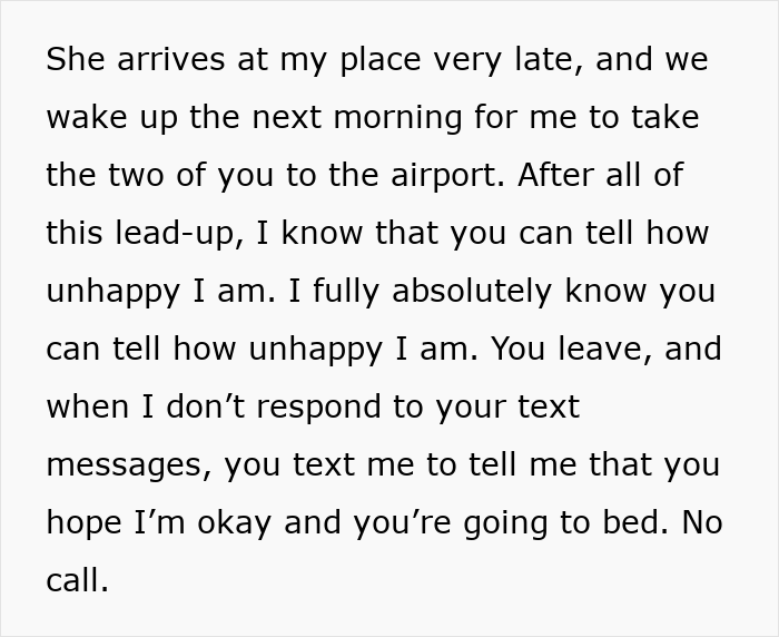 Text excerpt showing a guy expressing unhappiness after a romantic trip with a female friend amid break-up issues. Text excerpt showing a guy expressing unhappiness after a romantic trip with a female friend amid break-up issues.