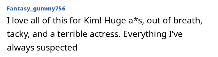 Screenshot of a user comment criticizing Kim Kardashian&rsquo;s acting performance at the All's Fair premiere.