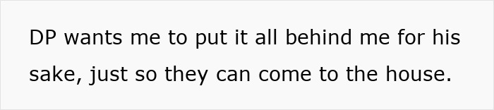Text on a white background stating a husband wants his wife to forgive his father so they can visit the house again.