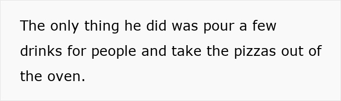 Text on screen describing a husband pouring drinks and taking pizzas out of the oven during a family feast prepared by his wife.