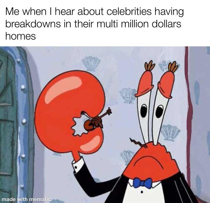 Mr. Krabs from SpongeBob looking sad, highlighting the hidden costs of fame and celebrity breakdowns in expensive homes.