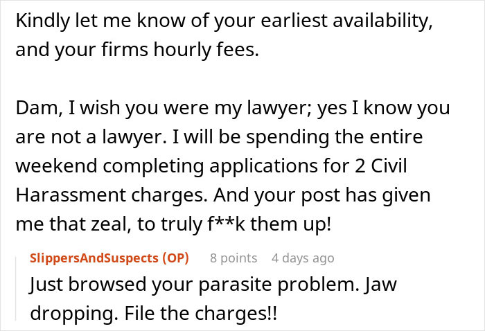 Screenshot of a heated online discussion about neighbors who can&rsquo;t keep their dogs quiet causing harassment charges.