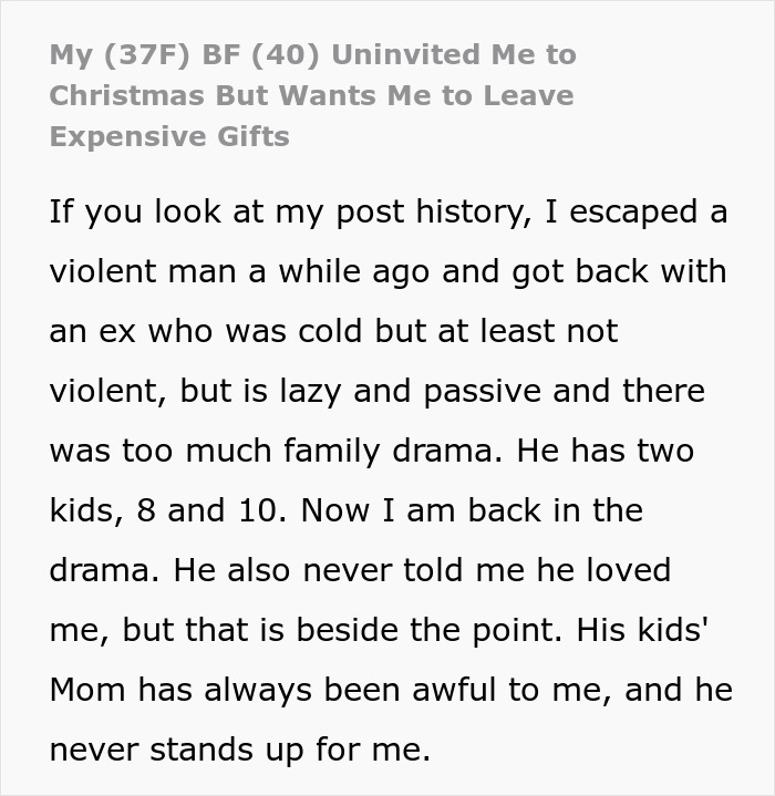 Woman buys expensive gifts for boyfriend&rsquo;s kids but is told she can&rsquo;t spend Christmas with them, family drama involved.