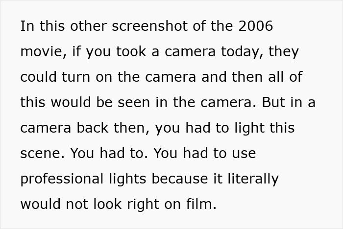 Screenshot of text explaining how modern cameras capture scenes differently than older film cameras, impacting movie visuals.