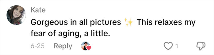 Comment on social media from woman sharing her aging progress and facelift results at 70 years old.