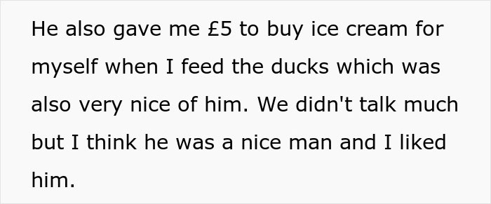 Text excerpt describing a man receiving money from mom’s boss to buy ice cream while feeding ducks, recalling a kind interaction. Text excerpt describing a man receiving money from mom’s boss to buy ice cream while feeding ducks, recalling a kind interaction.