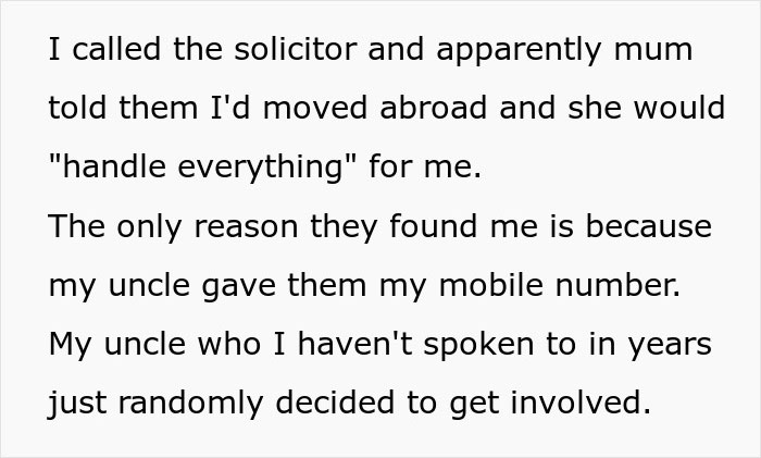 Text excerpt showing a mom preventing solicitor from contacting daughter about grandma’s inheritance by handling everything herself. Text excerpt showing a mom preventing solicitor from contacting daughter about grandma’s inheritance by handling everything herself.