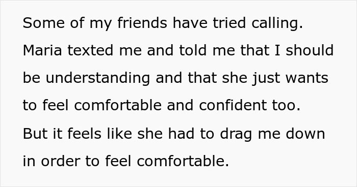 Text excerpt showing a conversation about feeling comfortable and confident amid a friendsgiving dress-code betrayal conflict. Text excerpt showing a conversation about feeling comfortable and confident amid a friendsgiving dress-code betrayal conflict.
