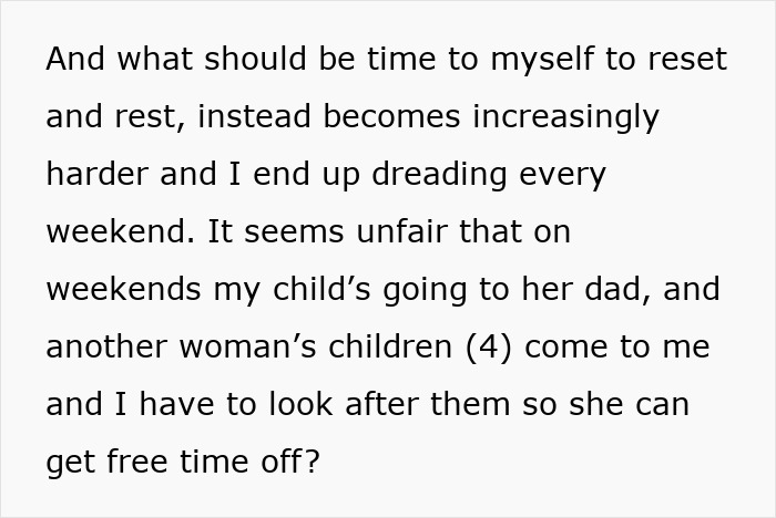Woman expressing regret after marrying man with 4 kids, stuck parenting them every weekend while longing for rest.