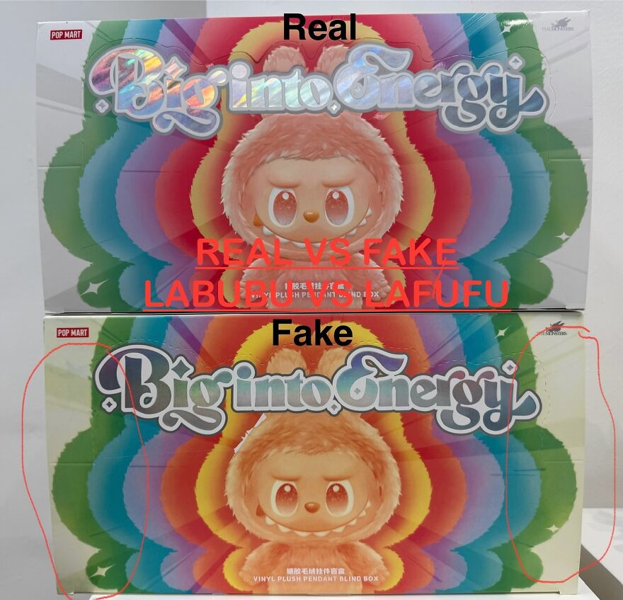 Comparison of original labubu dolls packaging labeled real and fake amid rising counterfeit wave.