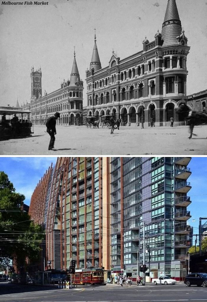Old and modern buildings in Melbourne showcasing examples of ugly unesthetic and depressing architecture in urban settings.