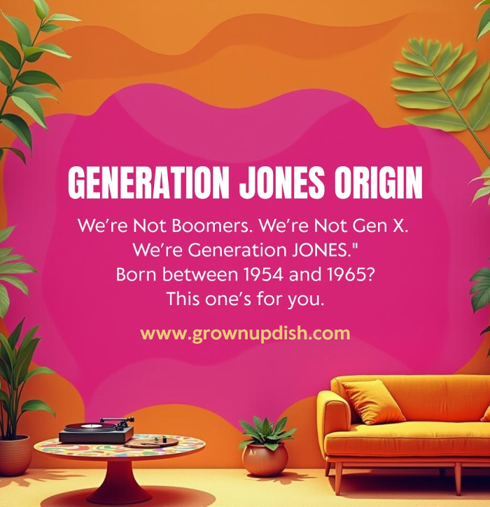 Colorful living room with plants and orange couch, featuring text about Generation Jones origin between Gen X and Boomers.
