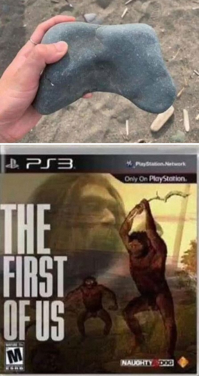 Hand holding a stone shaped like a game controller above a parody PS3 game cover titled The First of Us, pics that go hard.