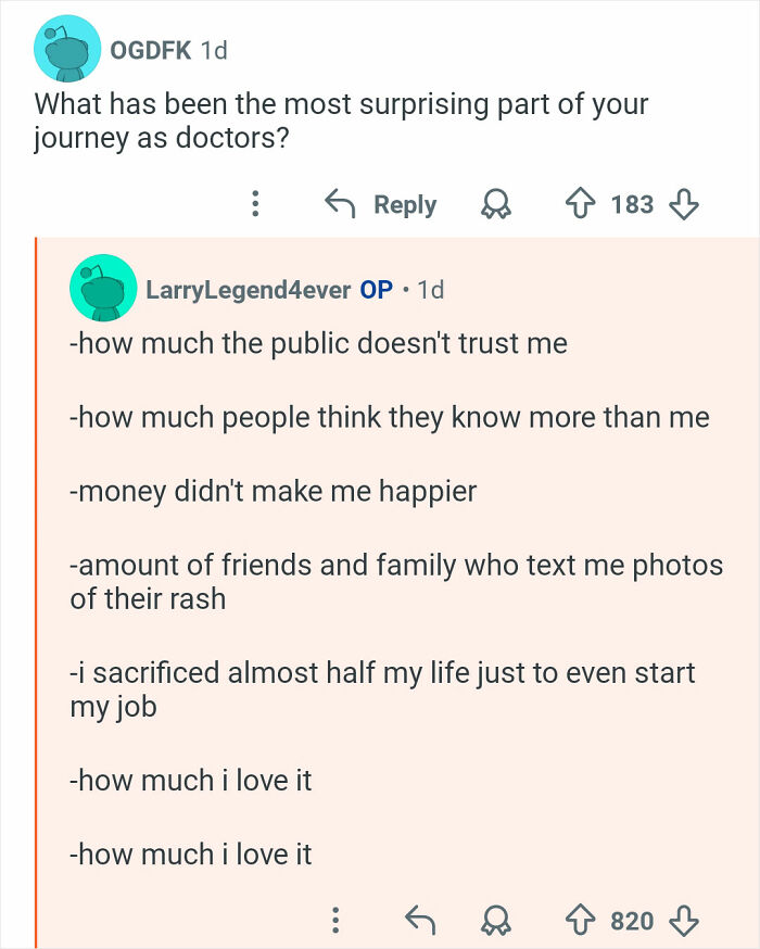 Screenshot of a doctor sharing insights on challenges and rewards experienced during their medical journey online.