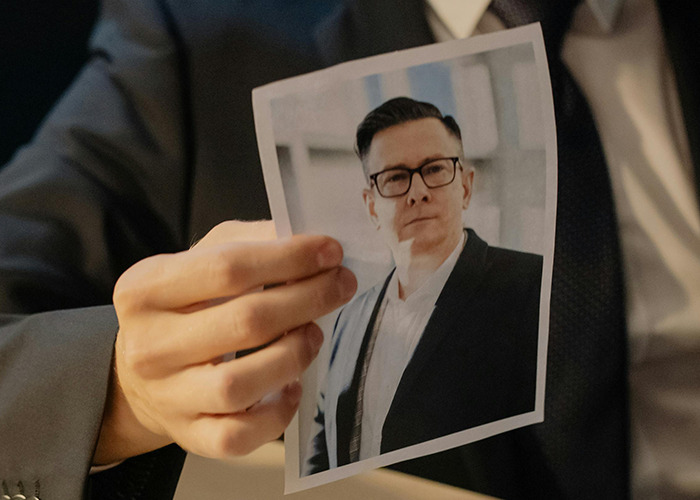 Man in a suit holding a photo of a serious man, illustrating people describe horrible gifts they have received concept.