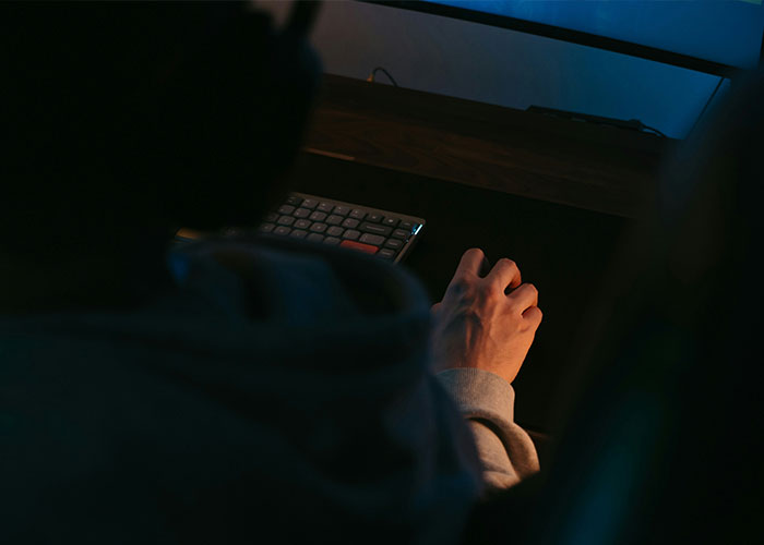 Person using a computer in a dimly lit room, symbolizing secrecy related to trainee police officer inside secrets. Person using a computer in a dimly lit room, symbolizing secrecy related to trainee police officer inside secrets.