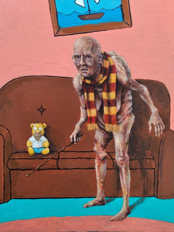 Creepy painting by Tyler Tilley featuring a gaunt elderly figure with glasses and a striped scarf in a surreal room.