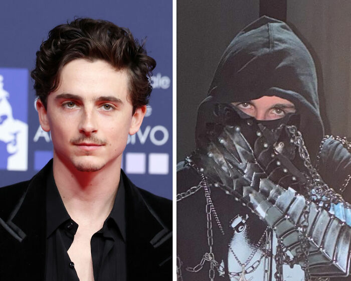 Side-by-side images of Timoth&eacute;e Chalamet and a masked rapper fueling fans' theory about EsDeeKid's secret identity.