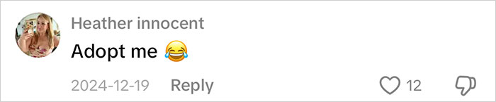 Social media comment saying Adopt me with laughing emoji on a post about mom going viral for gifts and consumerism backlash.